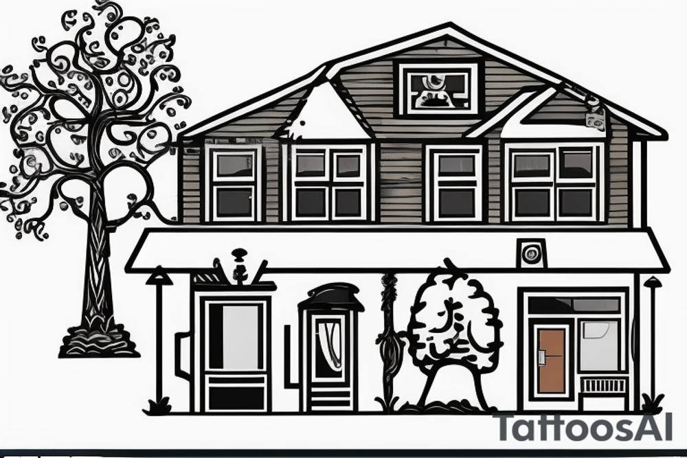 street view of two story family home surrounded by trees tattoo idea