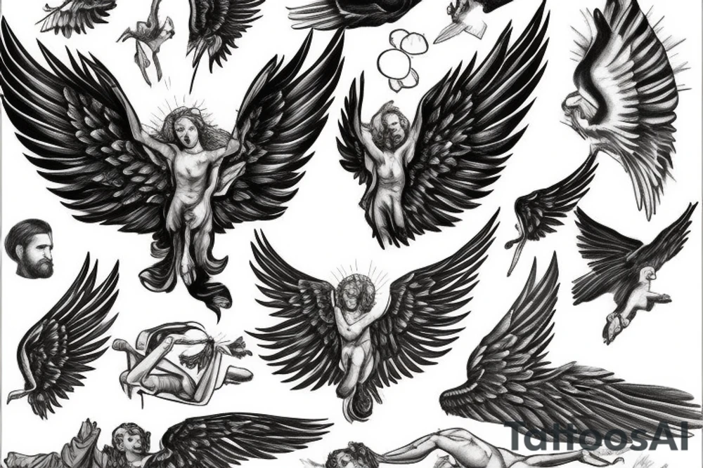 icarus tattoo, spread wings, posing, stoic, tattoo idea