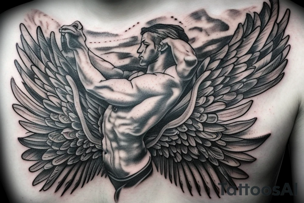 icarus tattoo, spread wings, posing, stoic, tattoo idea