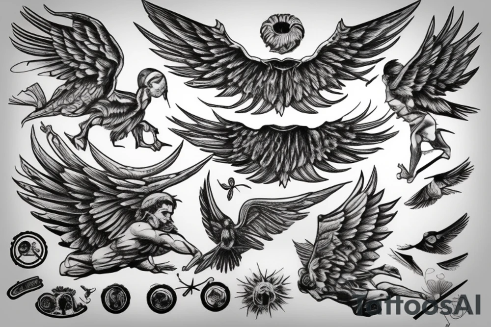 icarus tattoo, spread wings, posing, stoic, tattoo idea
