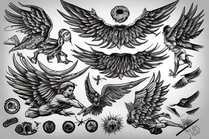 icarus tattoo, spread wings, posing, stoic, tattoo idea