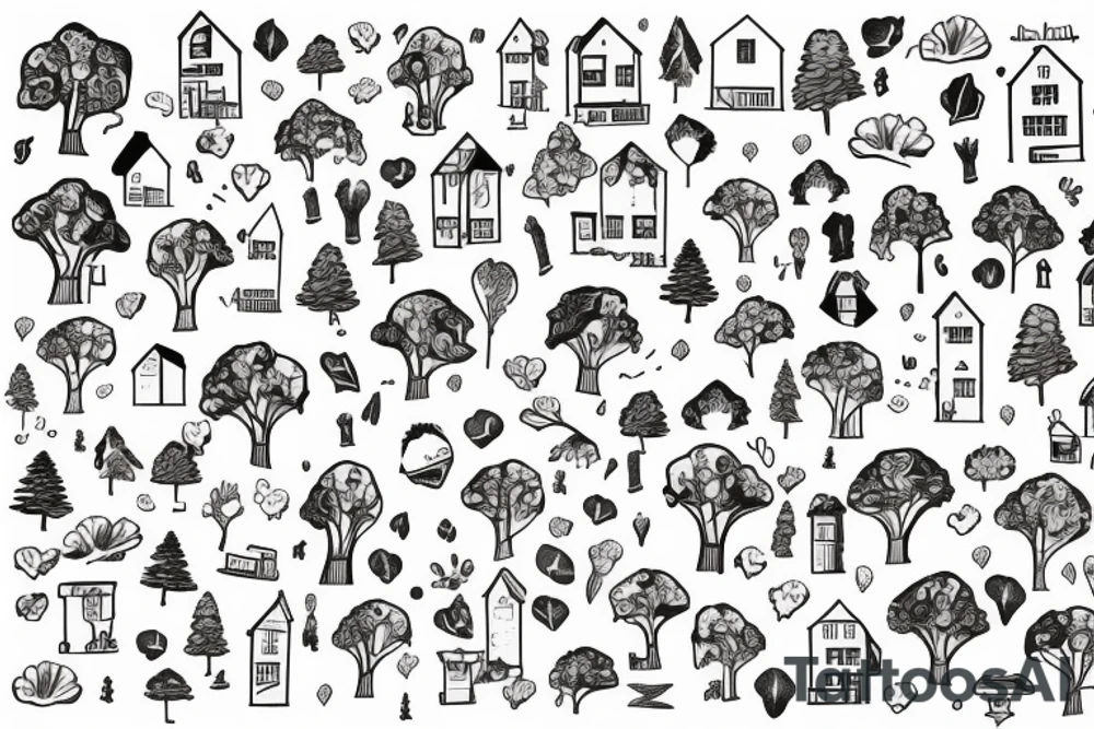 two story family home surrounded by trees tattoo idea