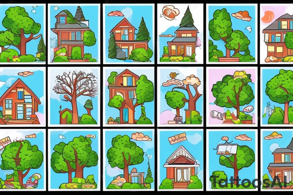 two story family home surrounded by trees tattoo idea
