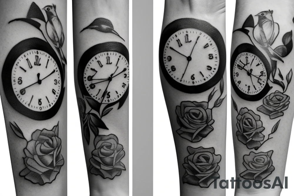 Roses with clock and bird tattoo idea