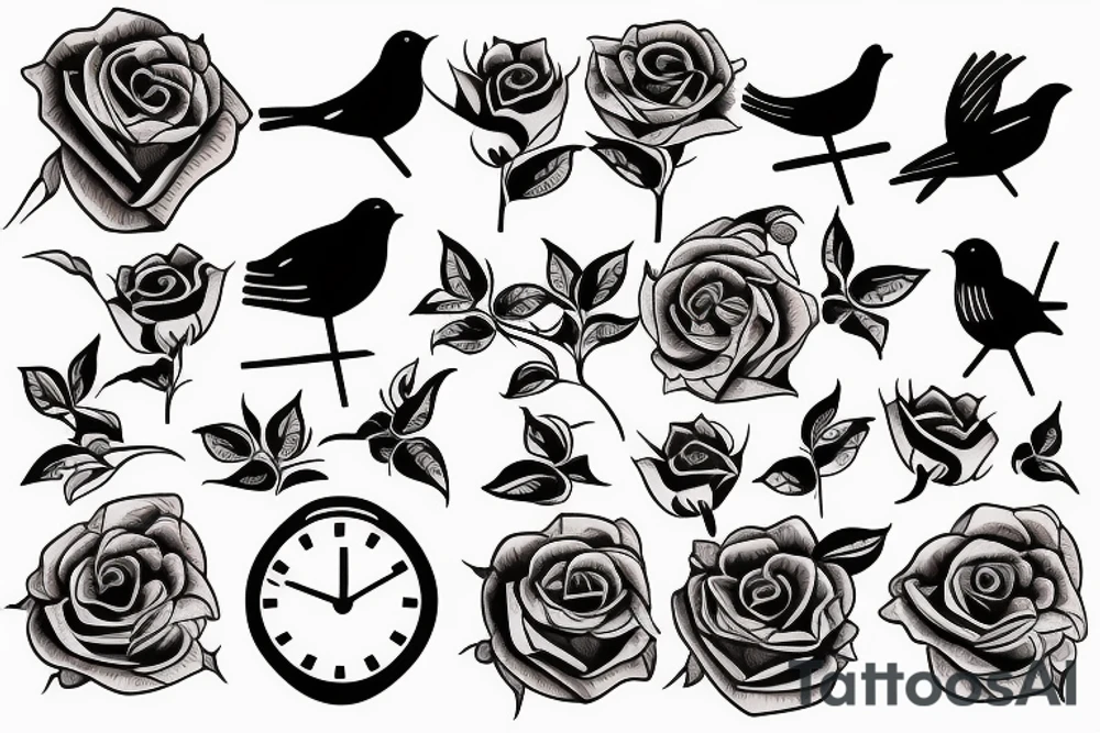 Roses with clock and bird tattoo idea