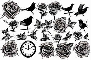 Roses with clock and bird tattoo idea