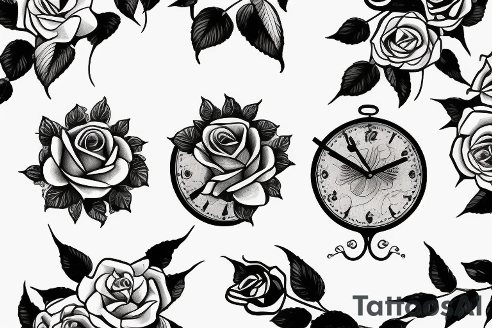 Roses with clock and sunbird tattoo idea