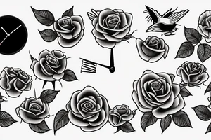 Roses with clock and sunbird tattoo idea