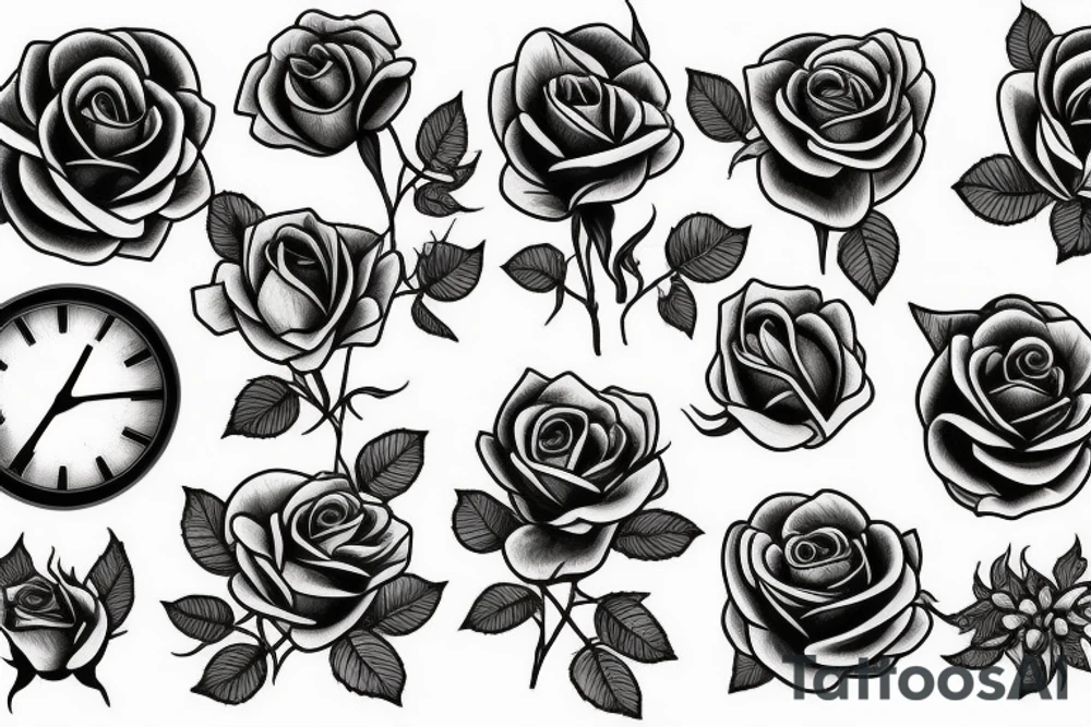 Roses with clock and sunbird tattoo idea