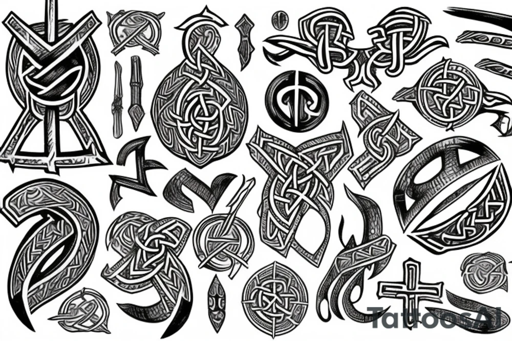 full sleeve of viking themed runes and symbols tattoo idea