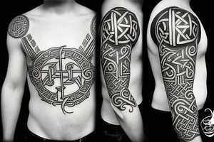 full sleeve of viking themed runes and symbols tattoo idea
