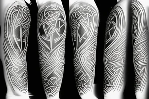 a black and white sleeve tattoo of an abstract shape of a viking hourglass with runic markings and compass with mountains on the bacground tattoo idea
