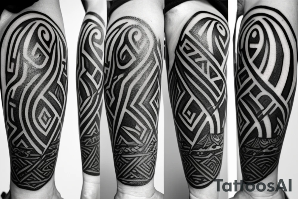 a black and white sleeve tattoo of an abstract shape of a viking hourglass with runic markings and compass with mountains on the bacground tattoo idea