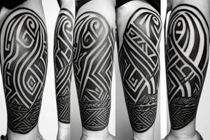 a black and white sleeve tattoo of an abstract shape of a viking hourglass with runic markings and compass with mountains on the bacground tattoo idea