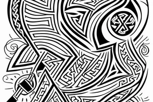 a black and white tattoo of an abstract shape of a viking hourglass with runic markings and compass with mountains on the bacground tattoo idea