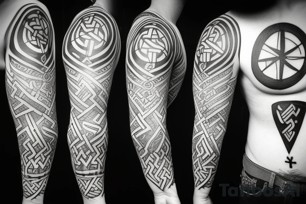 a black and white tattoo of an abstract shape of a viking hourglass with runic markings and compass with mountains on the bacground tattoo idea