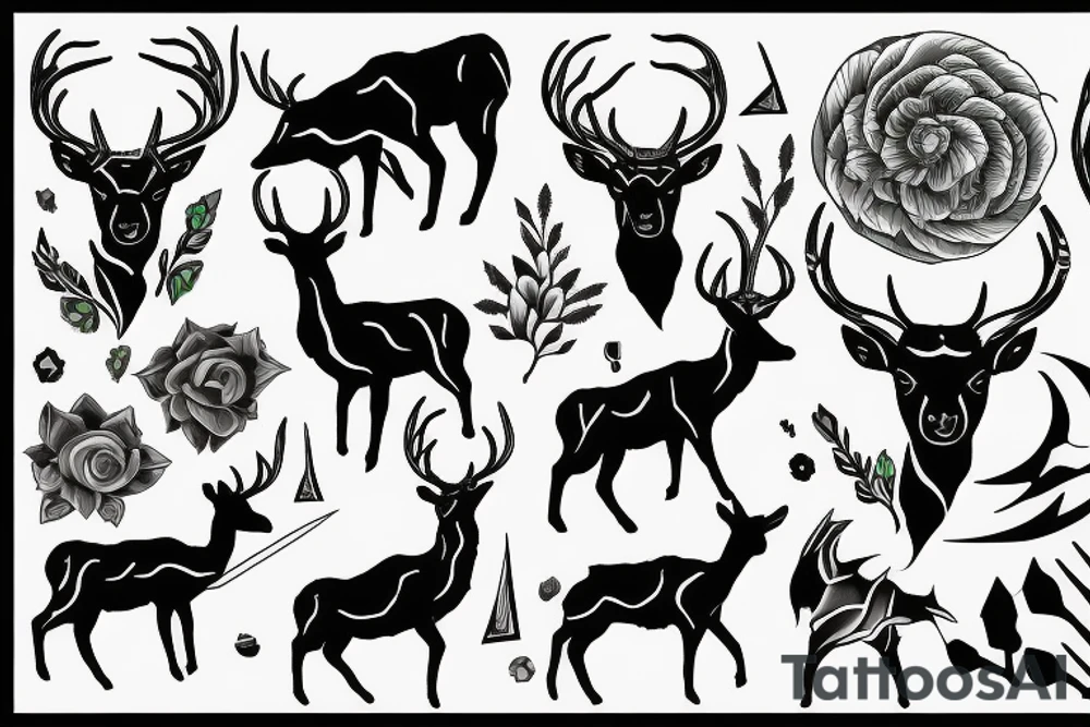 Greenish black deer running with pointy horns and Greenish white wind trails and outline around it tattoo idea