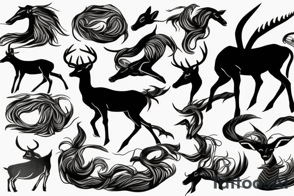 Greenish black deer running with pointy horns and Greenish white wind trails and outline around it tattoo idea
