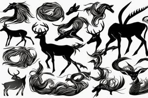 Greenish black deer running with pointy horns and Greenish white wind trails and outline around it tattoo idea
