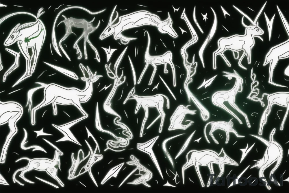 Greenish black deer running with pointy horns and Greenish white wind trails and outline around it tattoo idea