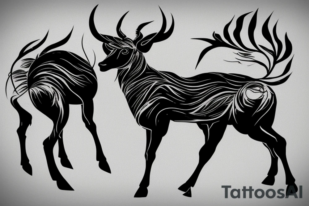 Greenish black deer running with pointy horns and Greenish white wind trails and outline around it tattoo idea