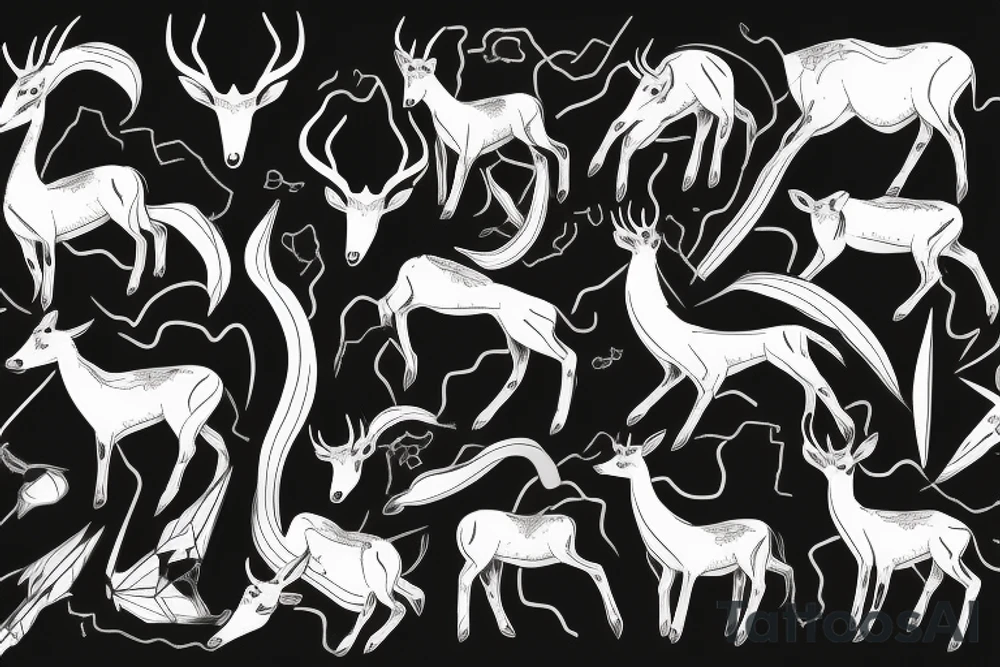 Greenish black deer running with pointy horns and Greenish white wind trails and outline around it tattoo idea