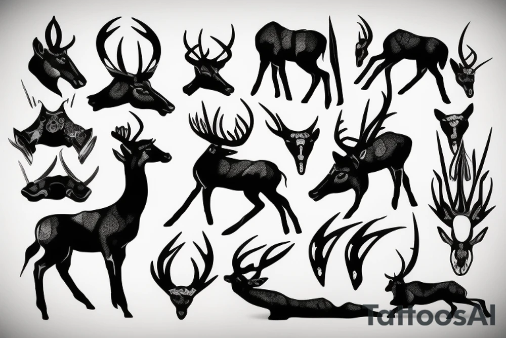 Greenish black deer running with pointy horns and Greenish white wind trails and outline around it tattoo idea