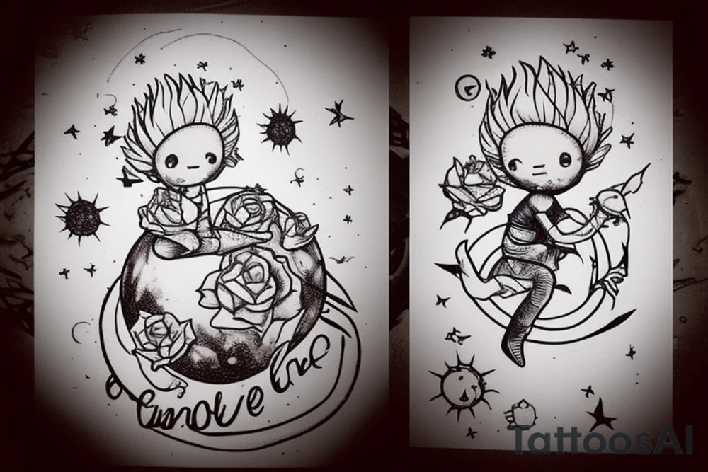 little prince sitting on the planet. inside the Planet it's rose and her stalk goes from up to down the spine tattoo idea