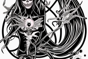 a black widow spider with a crazy opened eye on her thorax, scary features, tattoo idea