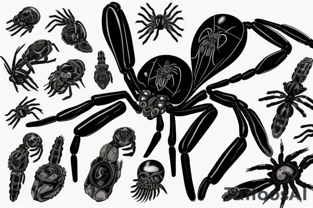 a shredded looking black widow spider with an dark opened eye on her thorax tattoo idea
