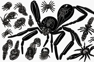 a shredded looking black widow spider with an dark opened eye on her thorax tattoo idea