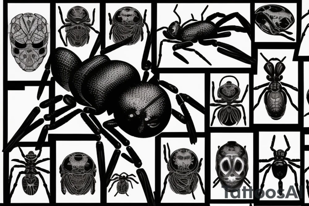 a shredded looking black widow spider with an dark opened eye on her thorax tattoo idea