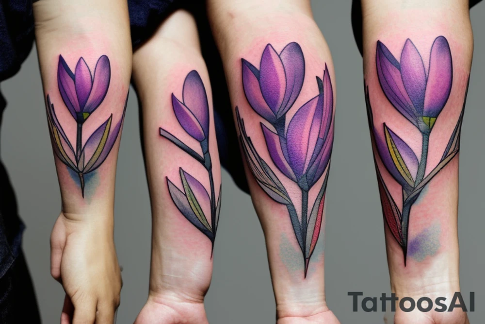 Three magnolia flowers cross each other
one has yellow petals, the second has blue and the third purple, the stems are thin black lines, behind them is a mystical circle, the colors are pale tattoo idea