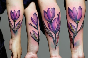 Three magnolia flowers cross each other
one has yellow petals, the second has blue and the third purple, the stems are thin black lines, behind them is a mystical circle, the colors are pale tattoo idea