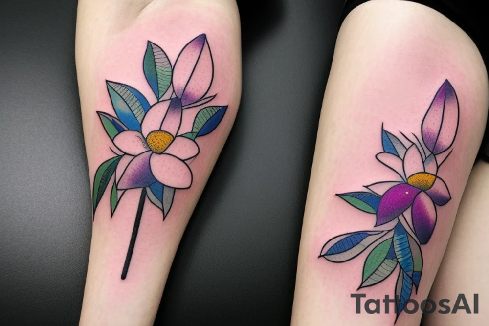 Three magnolia flowers cross each other
one has yellow petals, the second has blue and the third purple, the stems are thin black lines, behind them is a mystical circle, the colors are pale tattoo idea