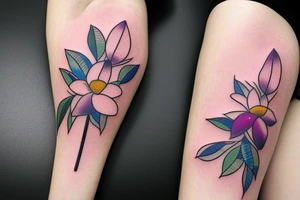 Three magnolia flowers cross each other
one has yellow petals, the second has blue and the third purple, the stems are thin black lines, behind them is a mystical circle, the colors are pale tattoo idea