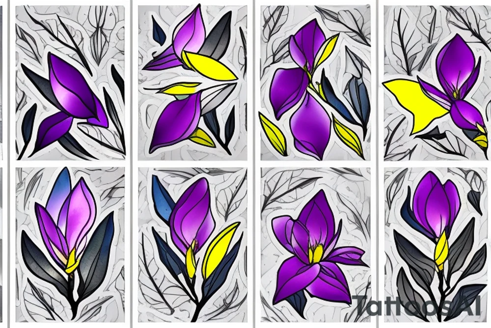 Three magnolia flowers
one has yellow petals, the second has blue and the third purple, the stems are thin black lines, behind them is a mystical circle, the colors are pale tattoo idea