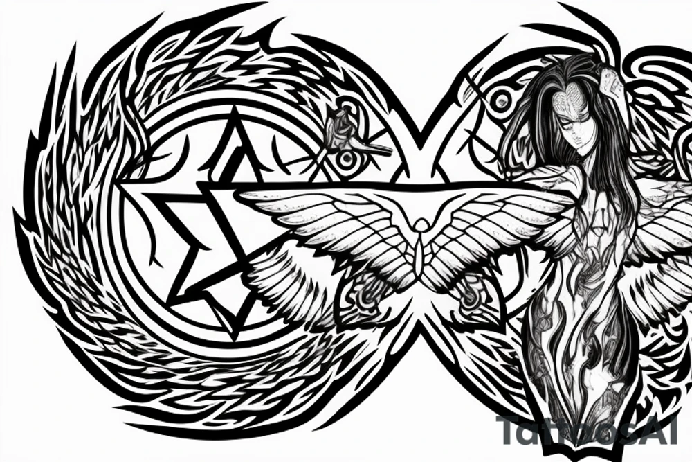 A woman phonix with wings of fire standing in a burning transmutation circle tattoo idea