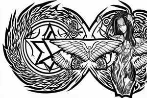 A woman phonix with wings of fire standing in a burning transmutation circle tattoo idea
