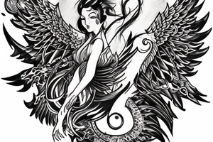 A half sleeve tatto of a woman phonix with wings of fire standing in a burning transmutation circle tattoo idea