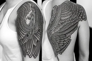 A half sleeve tatto of a woman phonix with wings of fire standing in a burning transmutation circle facing forward full boby tattoo idea