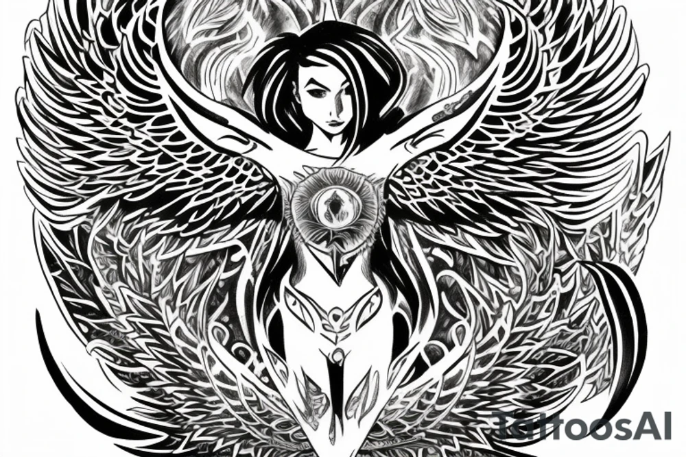 A half sleeve tatto of a woman phonix with wings of fire standing in a burning transmutation circle facing forward tattoo idea