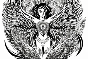 A half sleeve tatto of a woman phonix with wings of fire standing in a burning transmutation circle facing forward tattoo idea