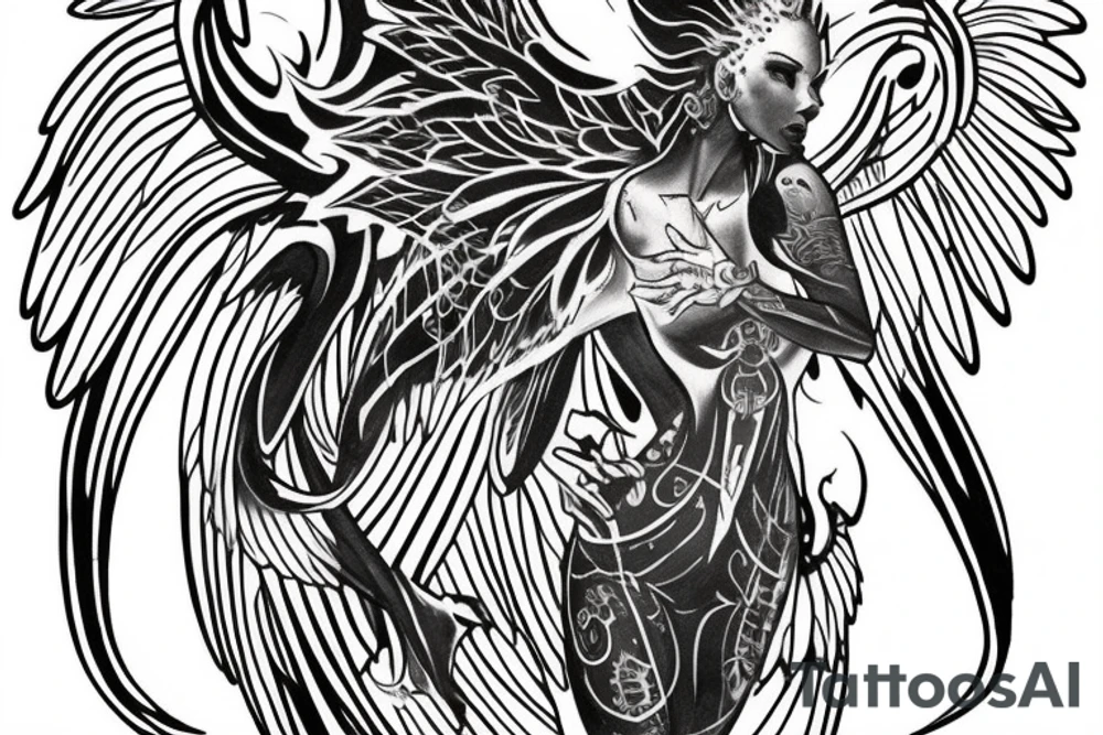 A half sleeve tatto of a woman phonix with wings of fire standing in a burning transmutation circle facing forward tattoo idea