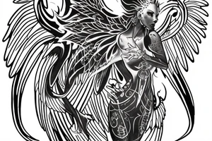 A half sleeve tatto of a woman phonix with wings of fire standing in a burning transmutation circle facing forward tattoo idea