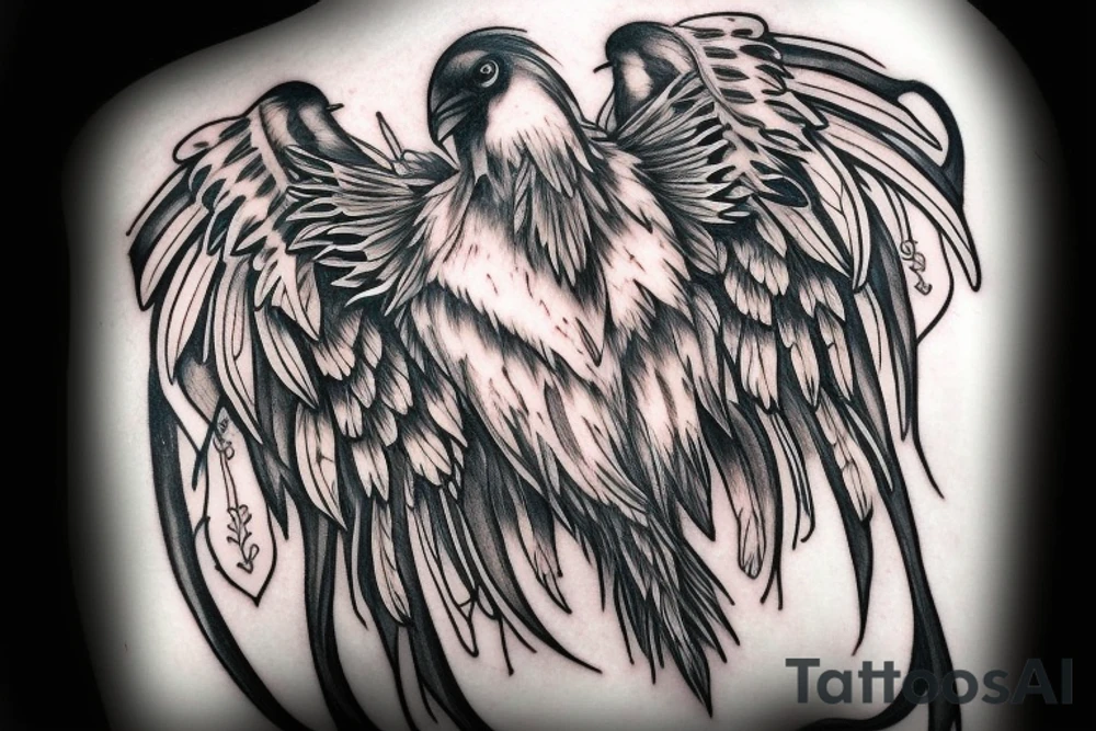 dark sinister raven with white eyes and open wings tattoo idea