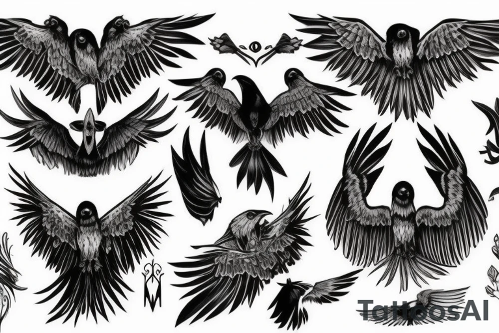 dark sinister raven with white eyes and open wings tattoo idea