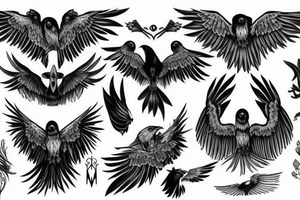 dark sinister raven with white eyes and open wings tattoo idea