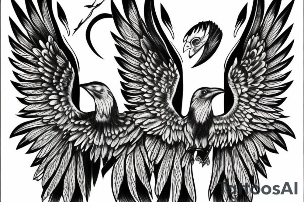 raven with white eyes and open wings tattoo idea