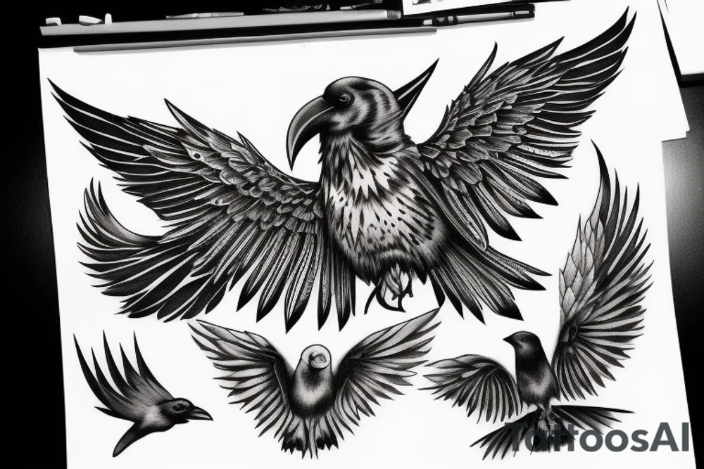 raven with white eyes and open wings tattoo idea